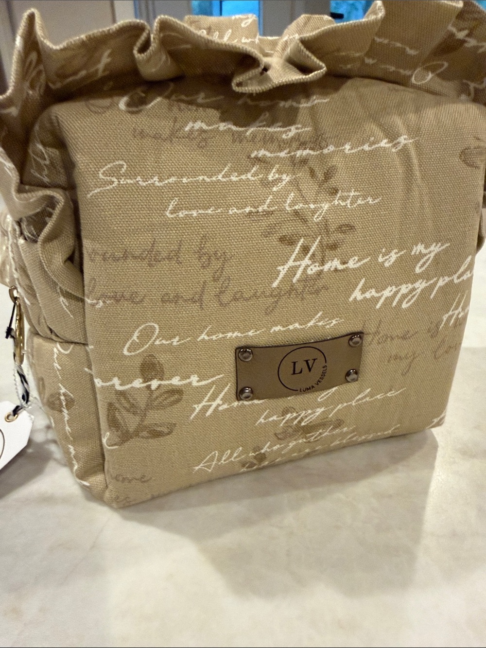 NWT Luma vessels Beige Script Canvas Ruffle Cosmetic Case
